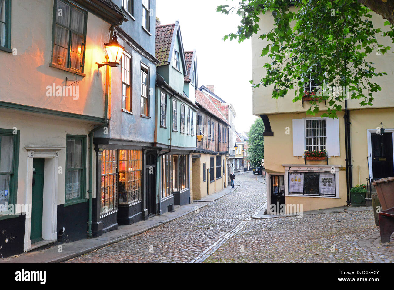 Elm Hill at dusk, Norwich, Norfolk, England, United Kingdom Stock Photo