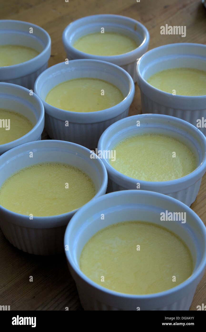 Freshly made crème caramels in individual white china ramekins Stock