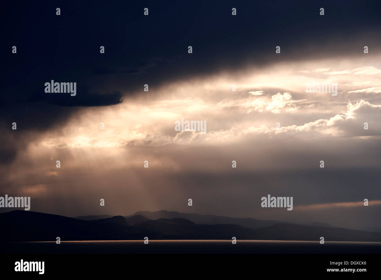 Thundercloud over Lake Titicaca in the blue hour, Copacabana, Bolivia, South America Stock Photo