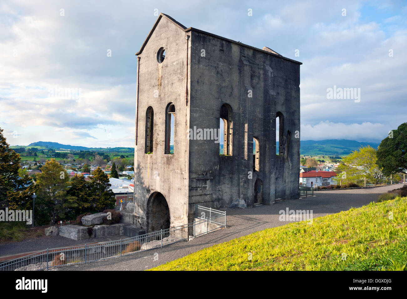 Waihi, New Zealand. Heritage Cornish pumping house at the Martha Mine in the gold mining town. Stock Photo