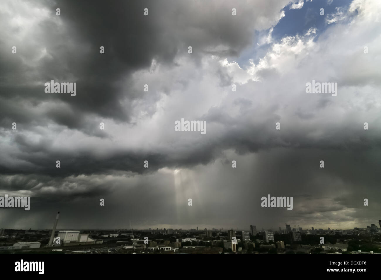 Sunlight breaks briefly during rain storm. Damaging Wind and Rain Storms hit across England and Wales Stock Photo