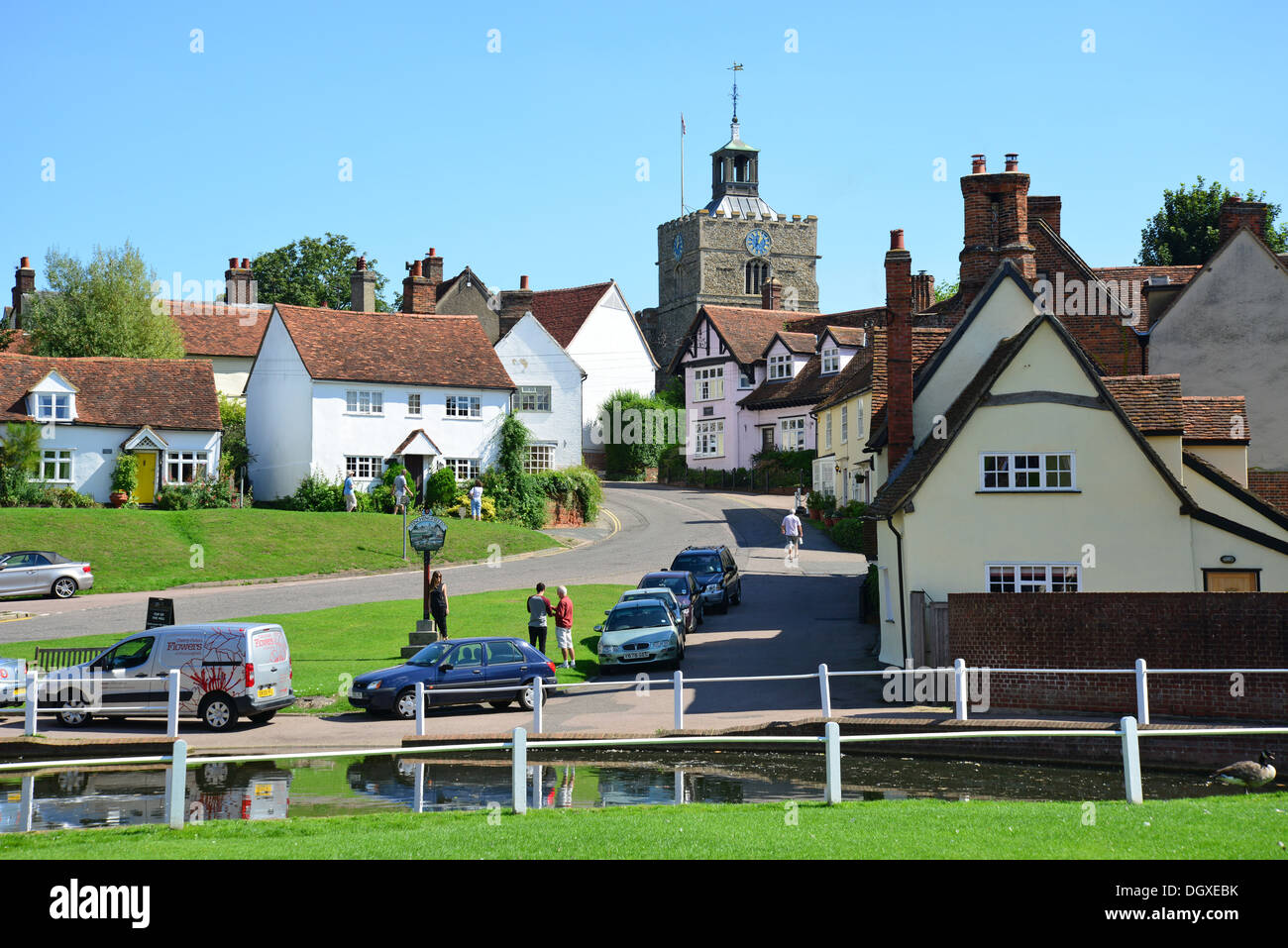 Church Hill across pond, Finchingfield, Essex, England, United Kingdom Stock Photo