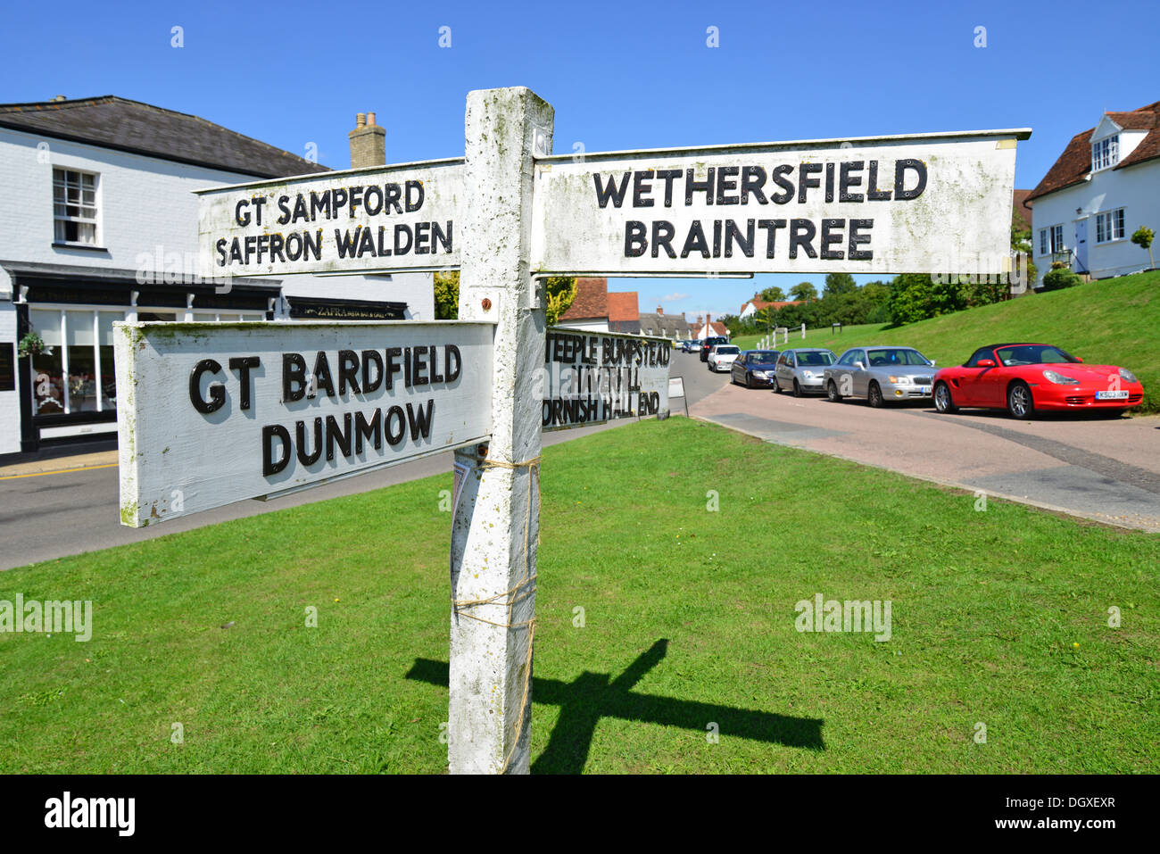 Sign posts on village green, Finchingfield, Essex, England, United Kingdom Stock Photo