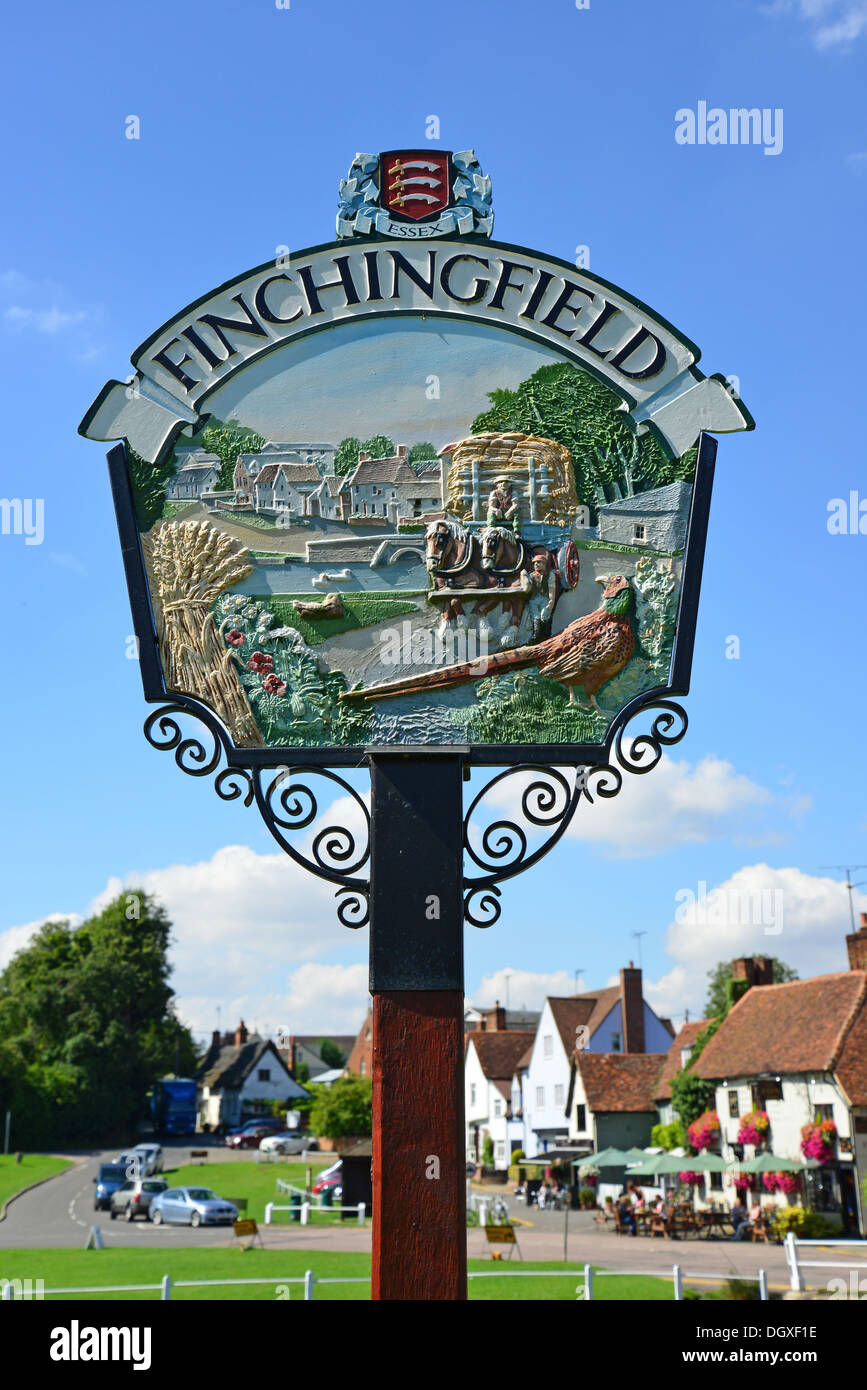 Village sign on green, Finchingfield, Essex, England, United Kingdom Stock Photo