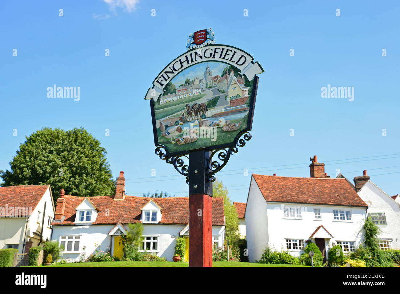 Village sign on green, Finchingfield, Essex, England, United Kingdom Stock Photo
