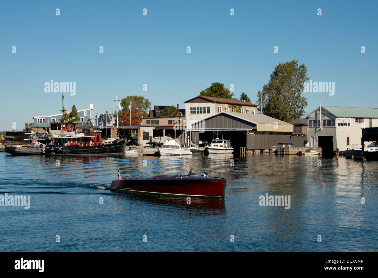 New York, Clayton. Vintage boat near Antique Boat Museum in Clayton