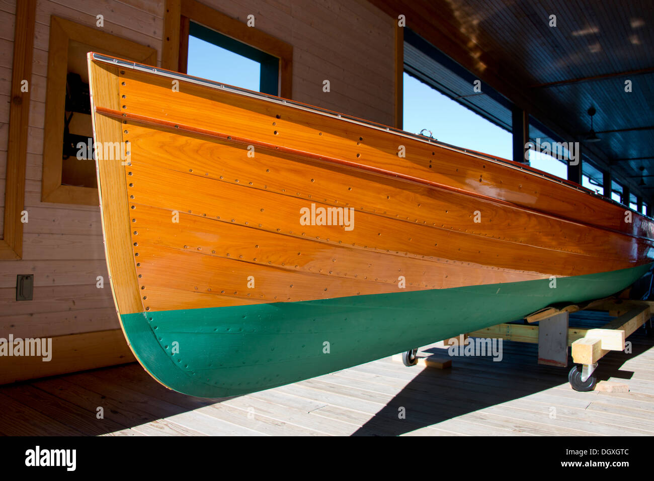 New York, Clayton. Antique Boat Museum. Bow of vintage wooden canoe. Stock Photo