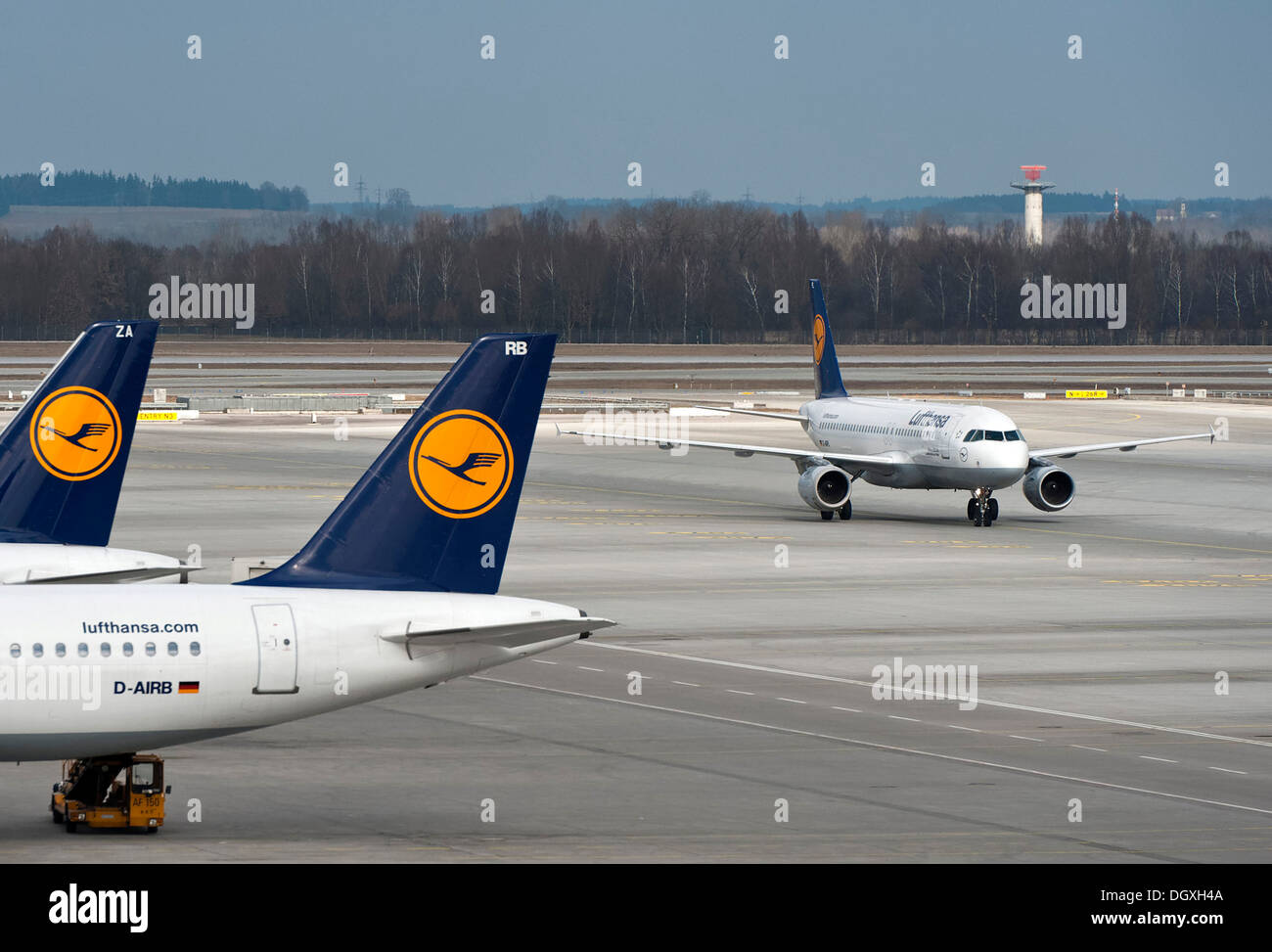 Lufthansa aircraft standing at Terminal 2 while behind them the Lufthansa Airbus A320-200, Ludwigshafen am Rhein Stock Photo