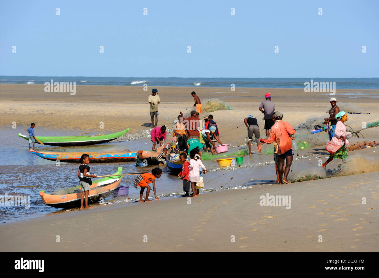 Malagasy people fishing in the morning, Morondava, Madagascar, Africa Stock Photo