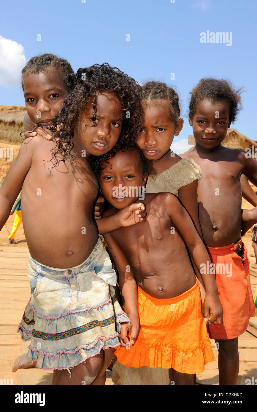 Portrait of a group of Malagasy children, Morondava, Madagascar, Africa Stock Photo