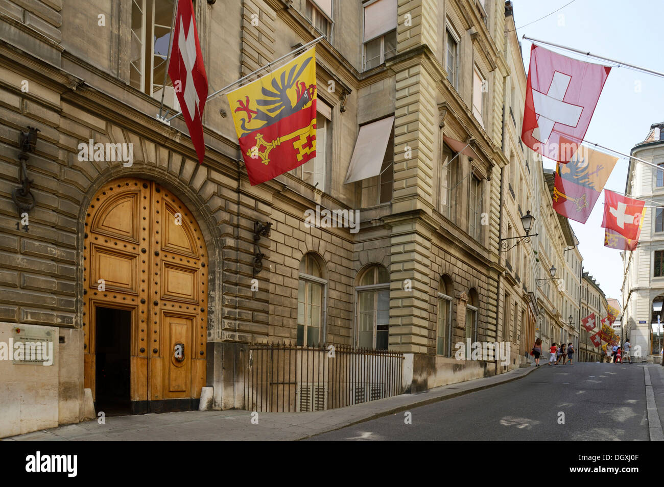 Old town of Geneva with flags, Geneva, Switzerland, Europe Stock Photo