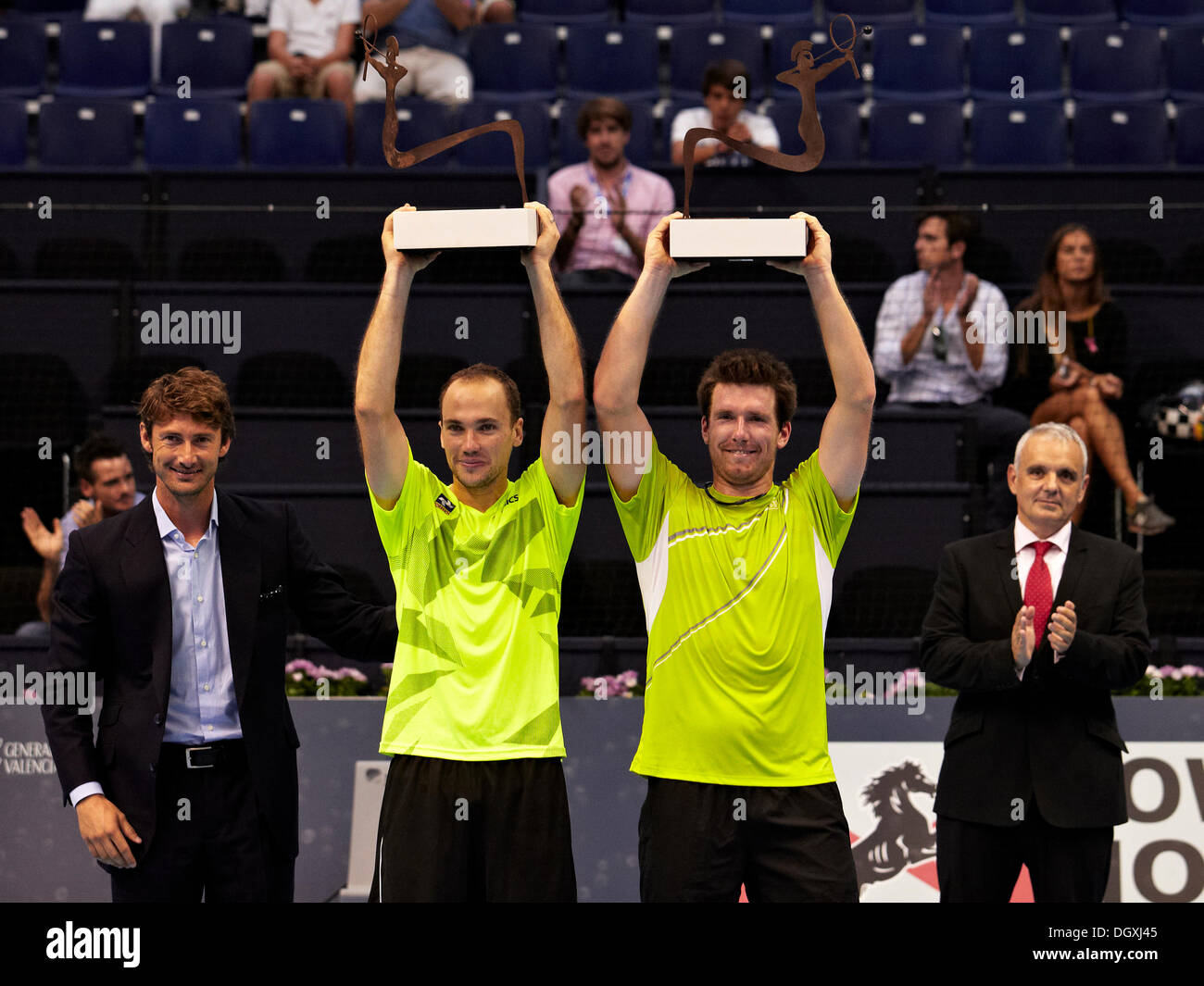 Valencia, Spain. 27th Oct, 2013. Bruno Soares of Brazil (2ndL) and Alexander Peya of Austria (2nd R) pose with their trophies at the awards ceremony of the the Valencia Open 500 Mens Doubles Tennis Tournament at the Agora Building Credit:  Action Plus Sports Images/Alamy Live News Stock Photo