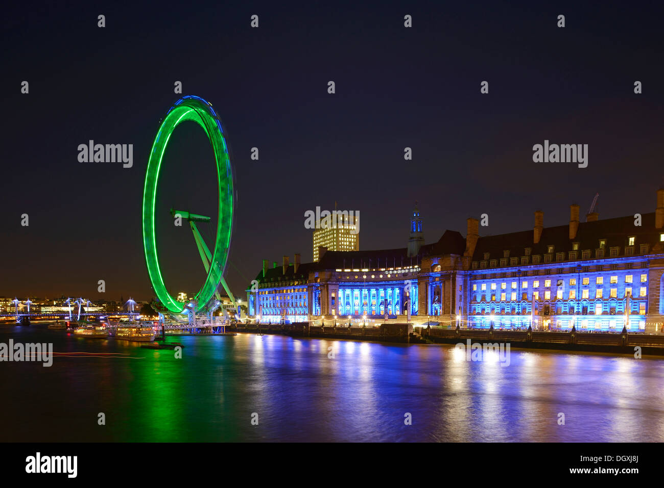 London Eye with neon lights at night, London, England, United Kingdom, Europe Stock Photo