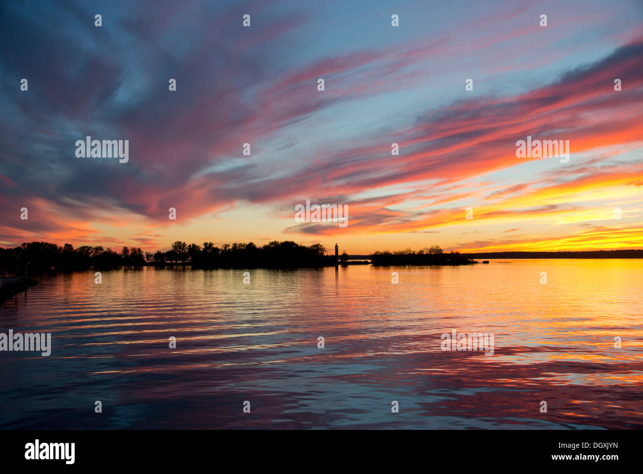 New York, Ogdensburg. Sunset over the Oswegatchie River junction with