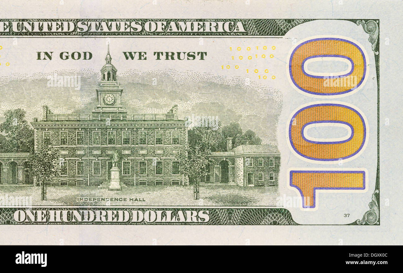 Back Right Half of the Newly Designed U.S. Currency One Hundred Dollar Bill. Stock Photo