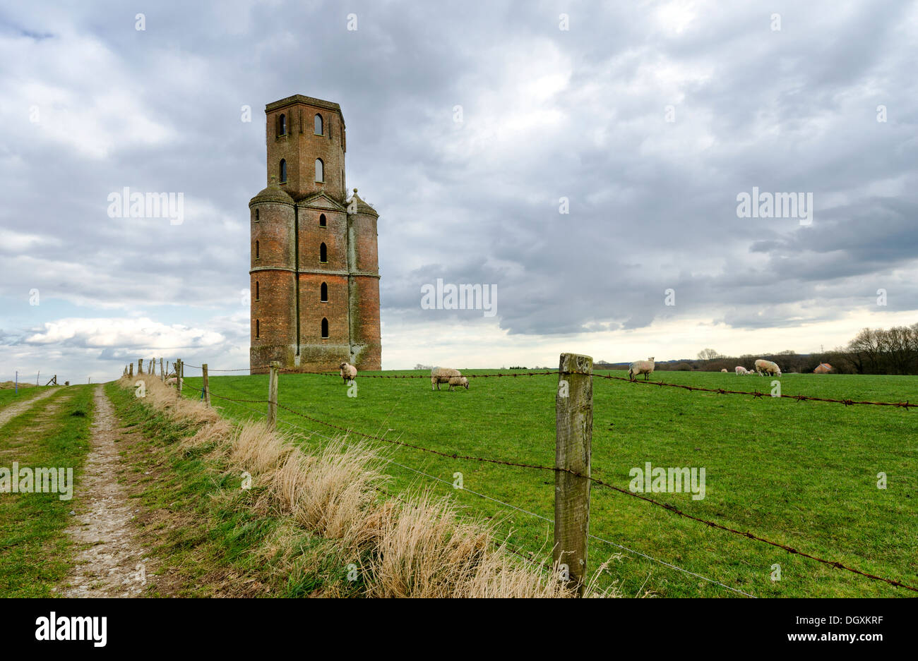 An old ruined tower in Horton, Dorset, originally built as a folly now used as a mobile phone mast Stock Photo
