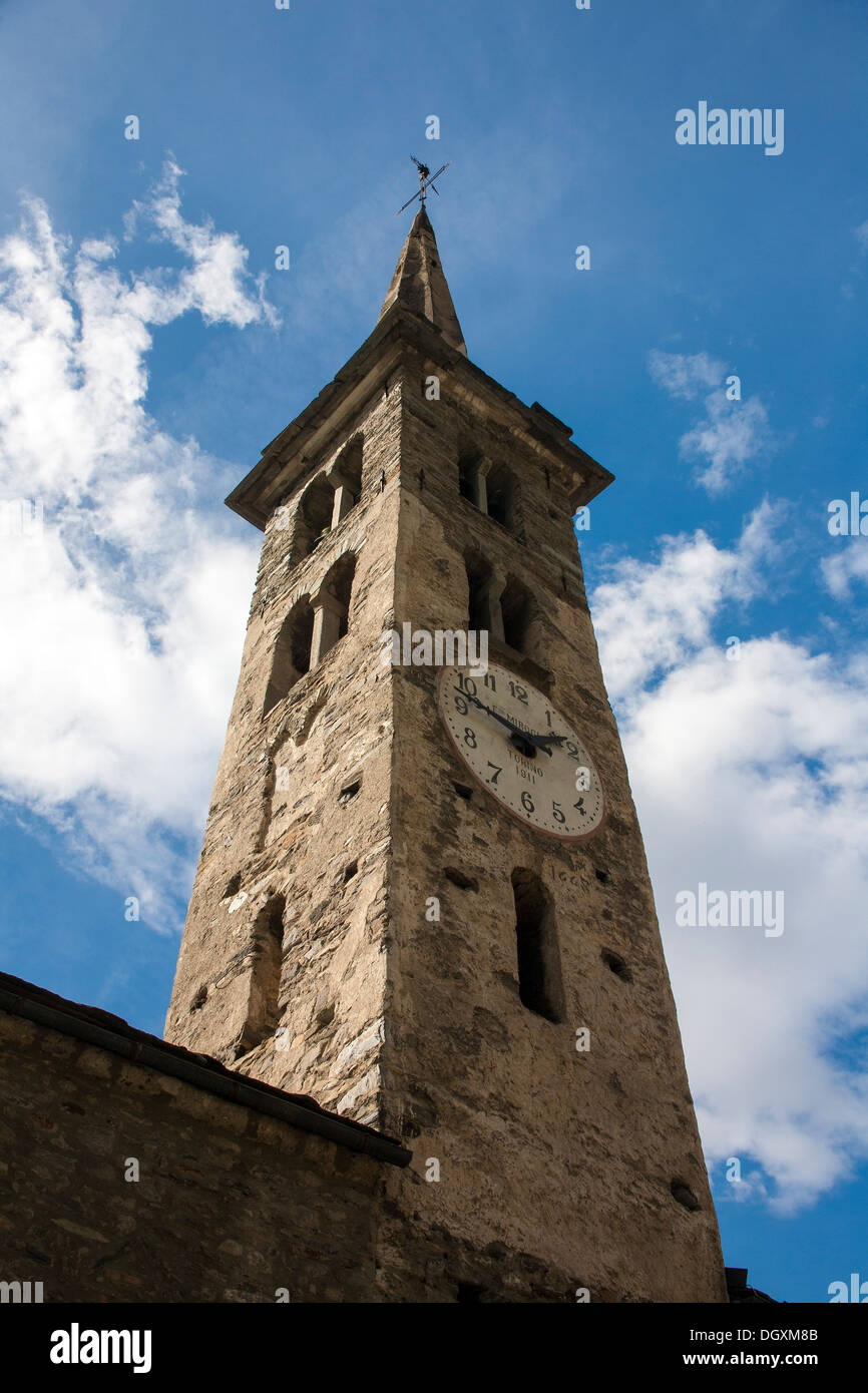 Italian bell tower with clock, Piedmonte. Stock Photo