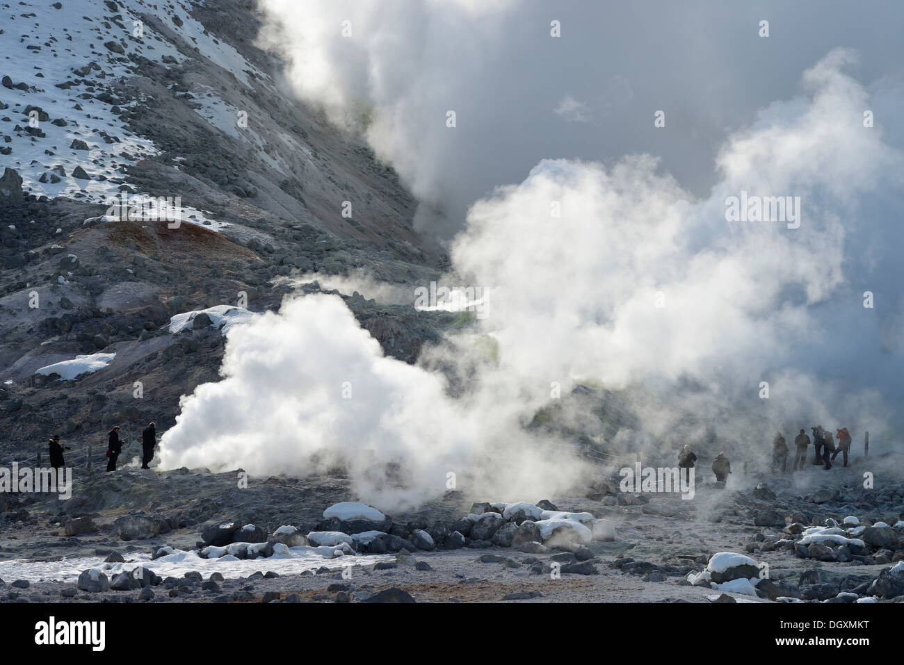 Tourists at the fumaroles, geothermal active region, Kawayu Onsen, Akan-Nationalpark, Hokkaido, Japan Stock Photo