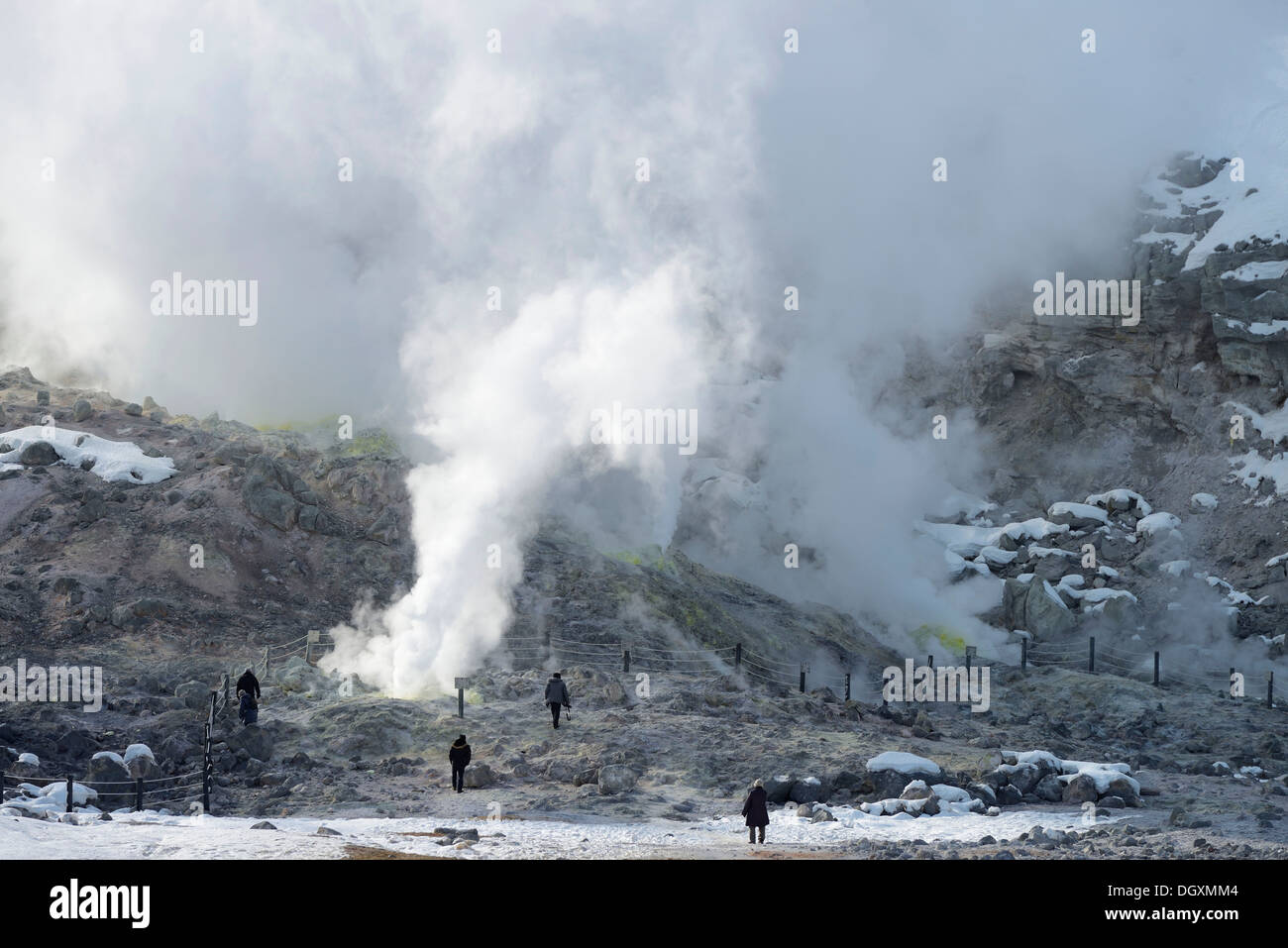 Tourists at the fumaroles, geothermal active region, Kawayu Onsen, Akan-Nationalpark, Hokkaido, Japan Stock Photo