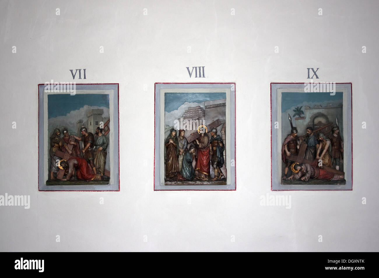Paintings from the Stations of the Cross VII-IX, Mutter-Rosa Chapel, Oberwesel, Rhineland-Palatinate Stock Photo