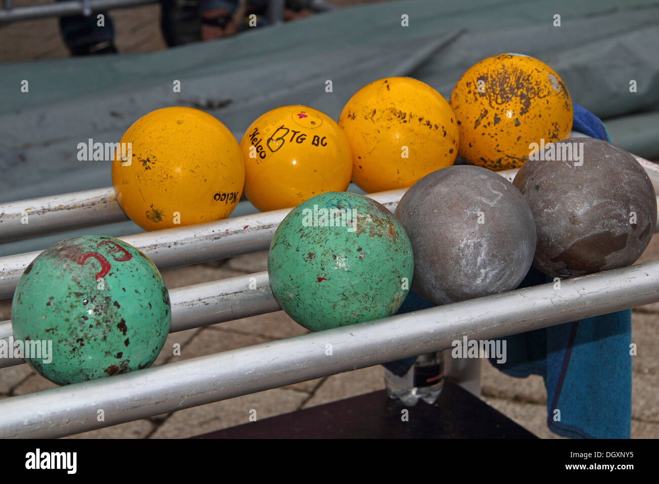 Shot put metal balls, metal shelf Stock Photo Alamy
