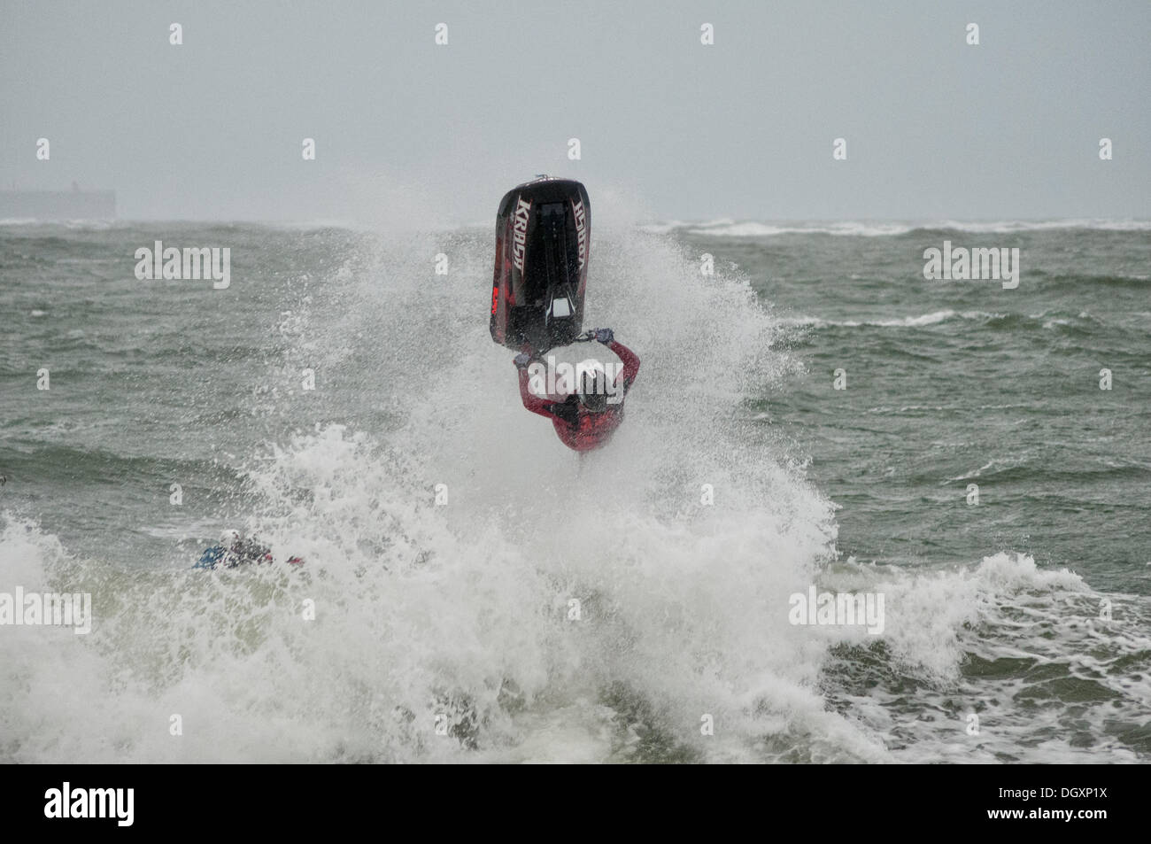 Hayling Island, Hampshire, UK . 27th Oct, 2013. Jet skier in the waves off Hayling Island during the storms Credit:  Rob Wilkinson/Alamy Live News Stock Photo