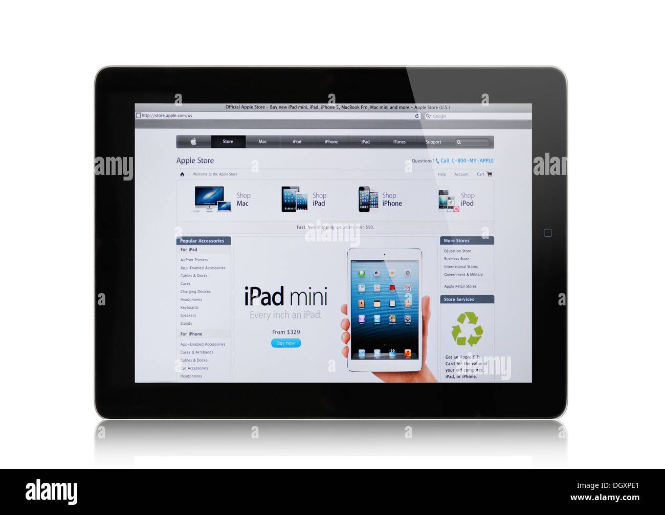 Apple store website on iPad screen, showing iPad mini Stock Photo