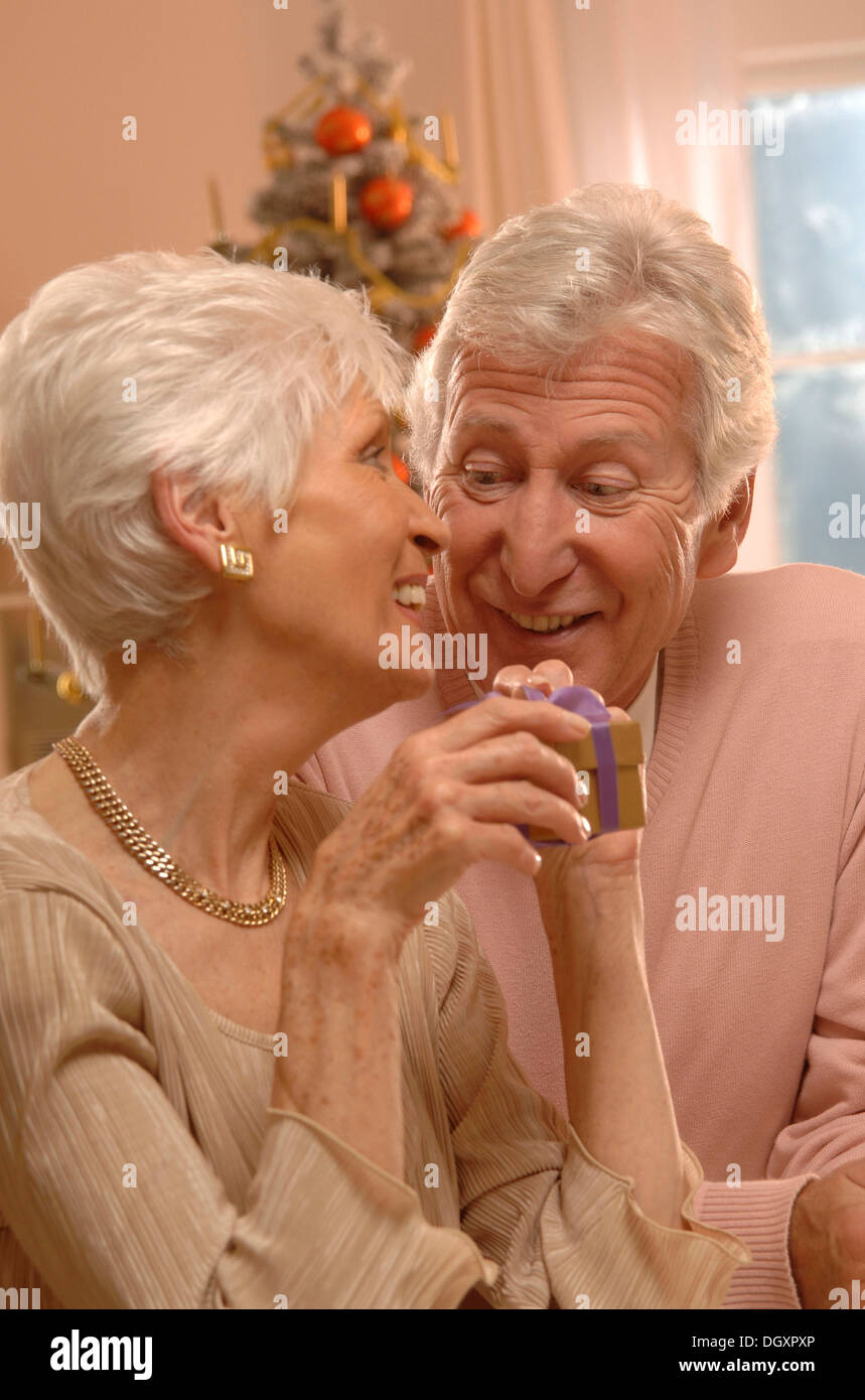Mature couple exchanging presents in front of a Christmas tree Stock Photo
