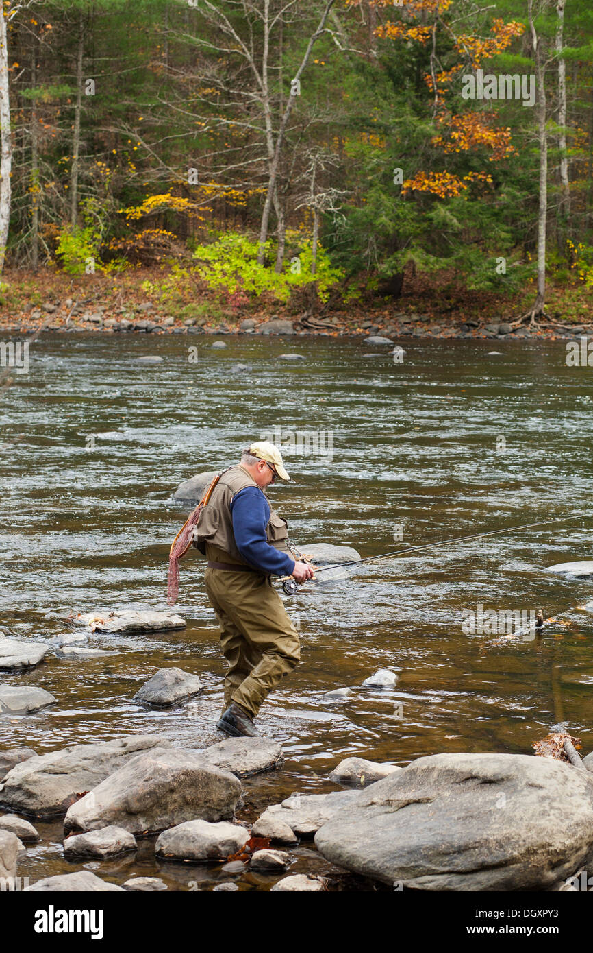 Elderly fly fisherman picks his way along the rocky shore of the Housatonic river in Litchfield county, Connecticut. Stock Photo