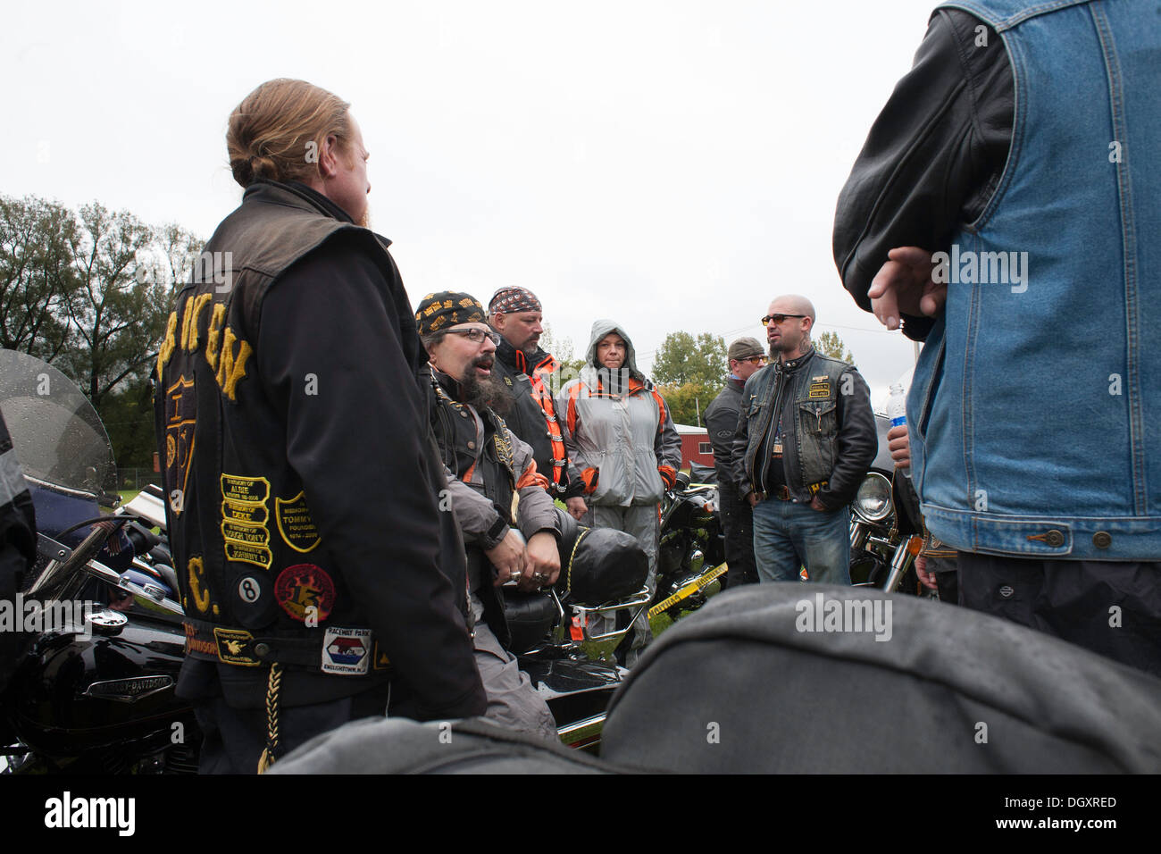 Motorcycle riders wait for the start of the annual autumn charity ride in Adams Massachusetts. Stock Photo