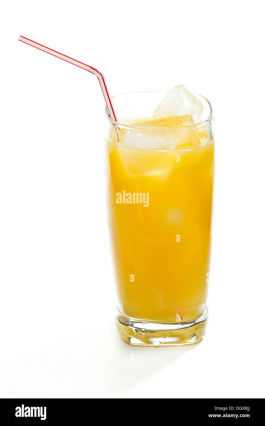 Fresh orange juice served in a tall glass with ice isolated on a white
