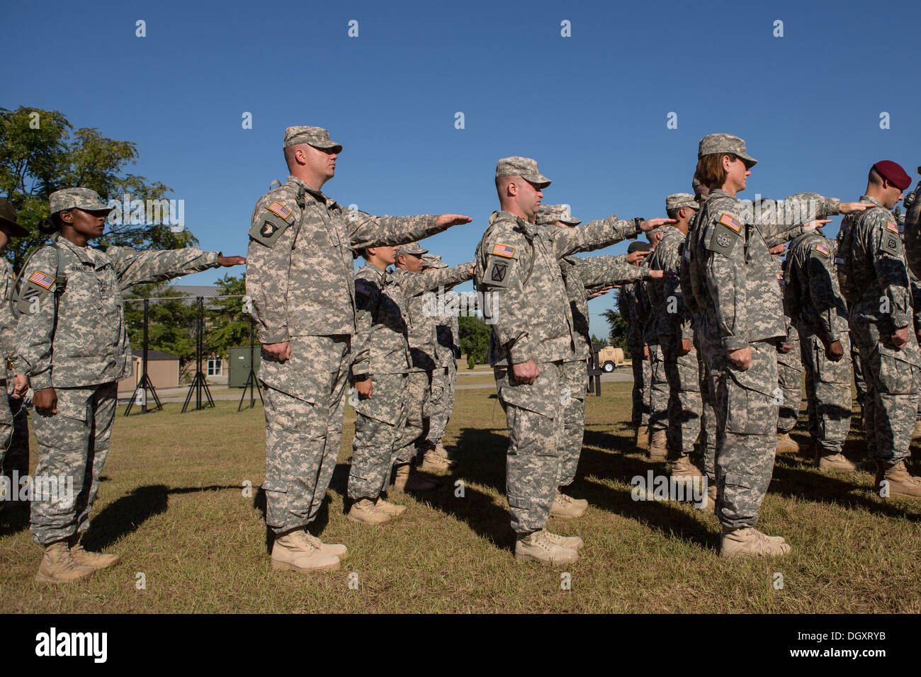 Male and female Drill Sergeant candidates at the US Army Drill Instructors School Fort Jackson during close order drill exercises September 27, 2013 in Columbia, SC. While 14 percent of the Army is women soldiers there is a shortage of female Drill Sergeants. Stock Photo