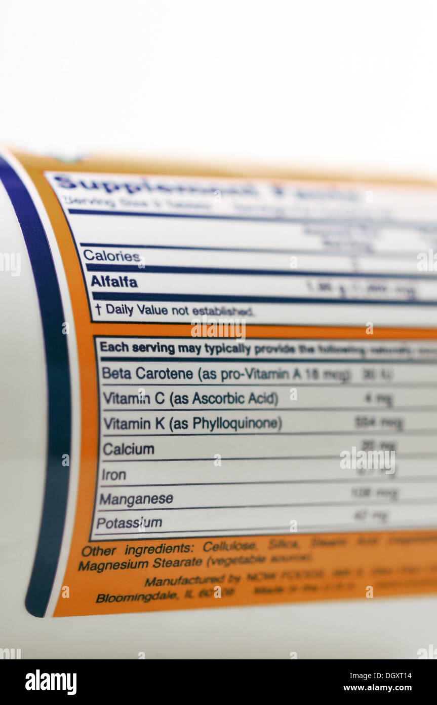 Supplement facts on alfalfa pills container Stock Photo Alamy