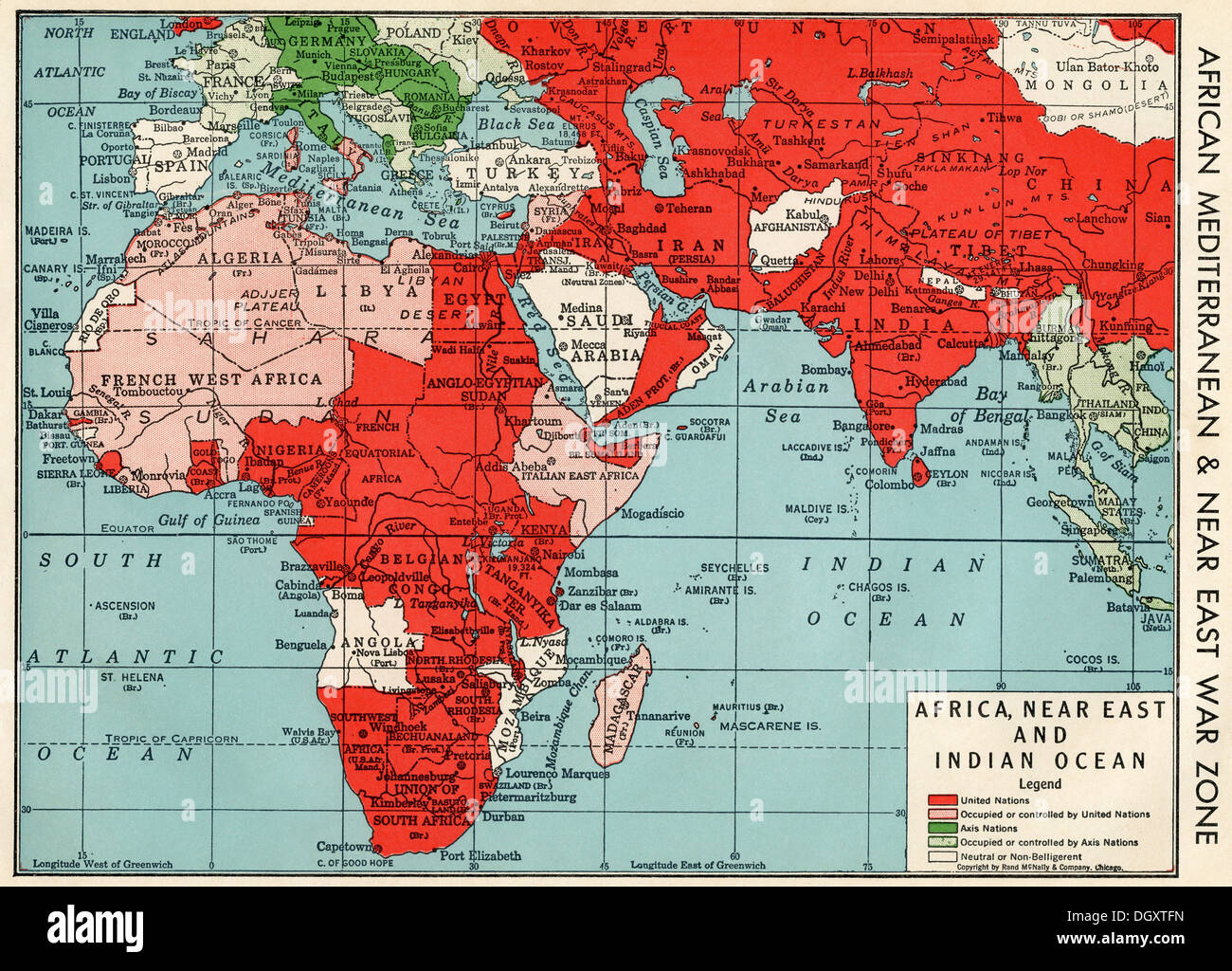 Old map of African, Mediterranean and Near East War Zone in WWII, 1940's Stock Photo