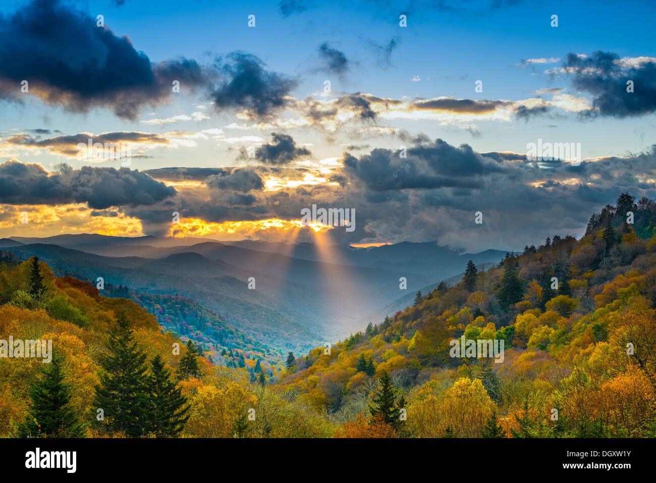 Autumn sunrise in the Smoky Mountains National Park. Stock Photo
