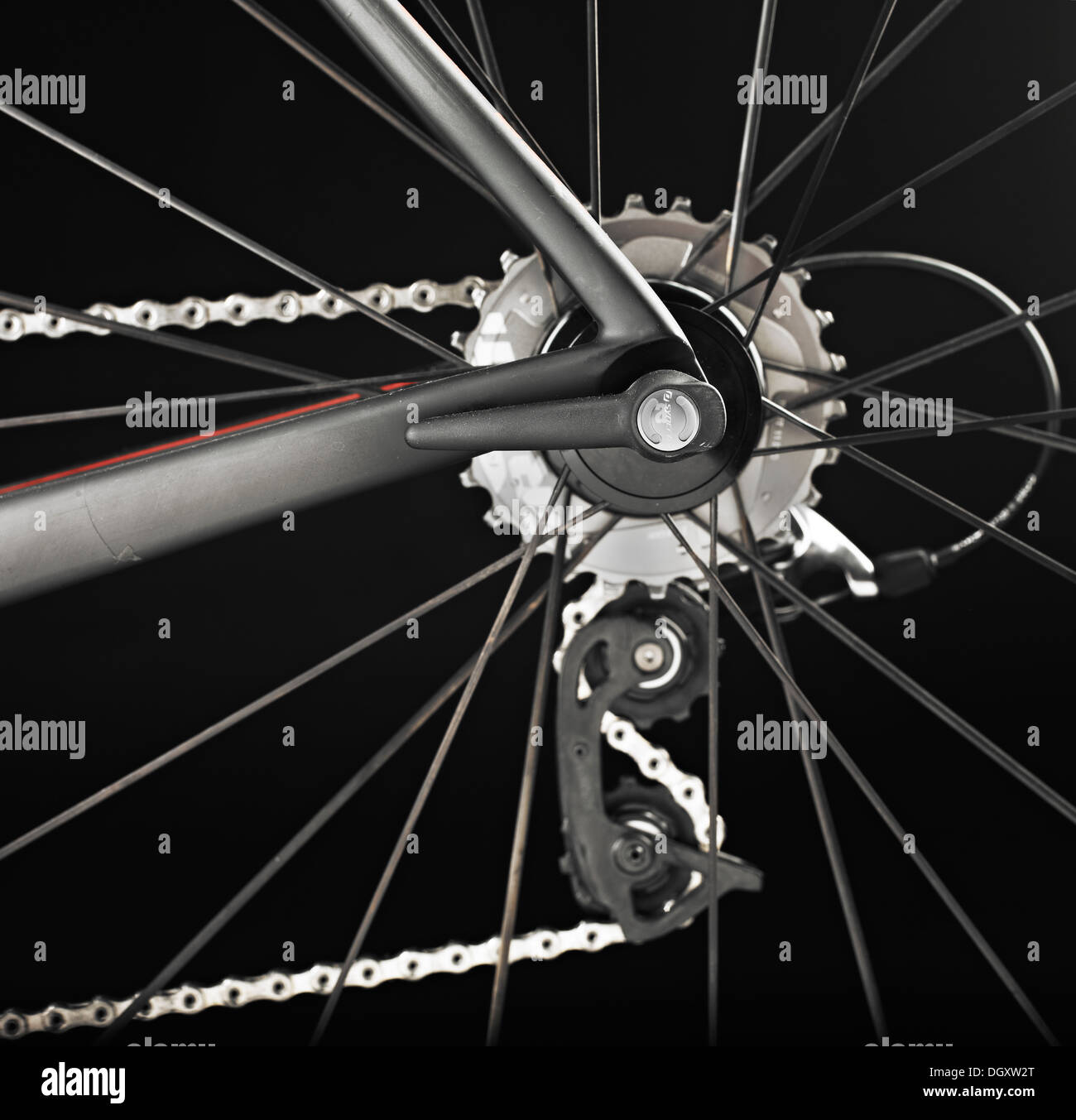 close up of a bike rear mech against a black background Stock Photo