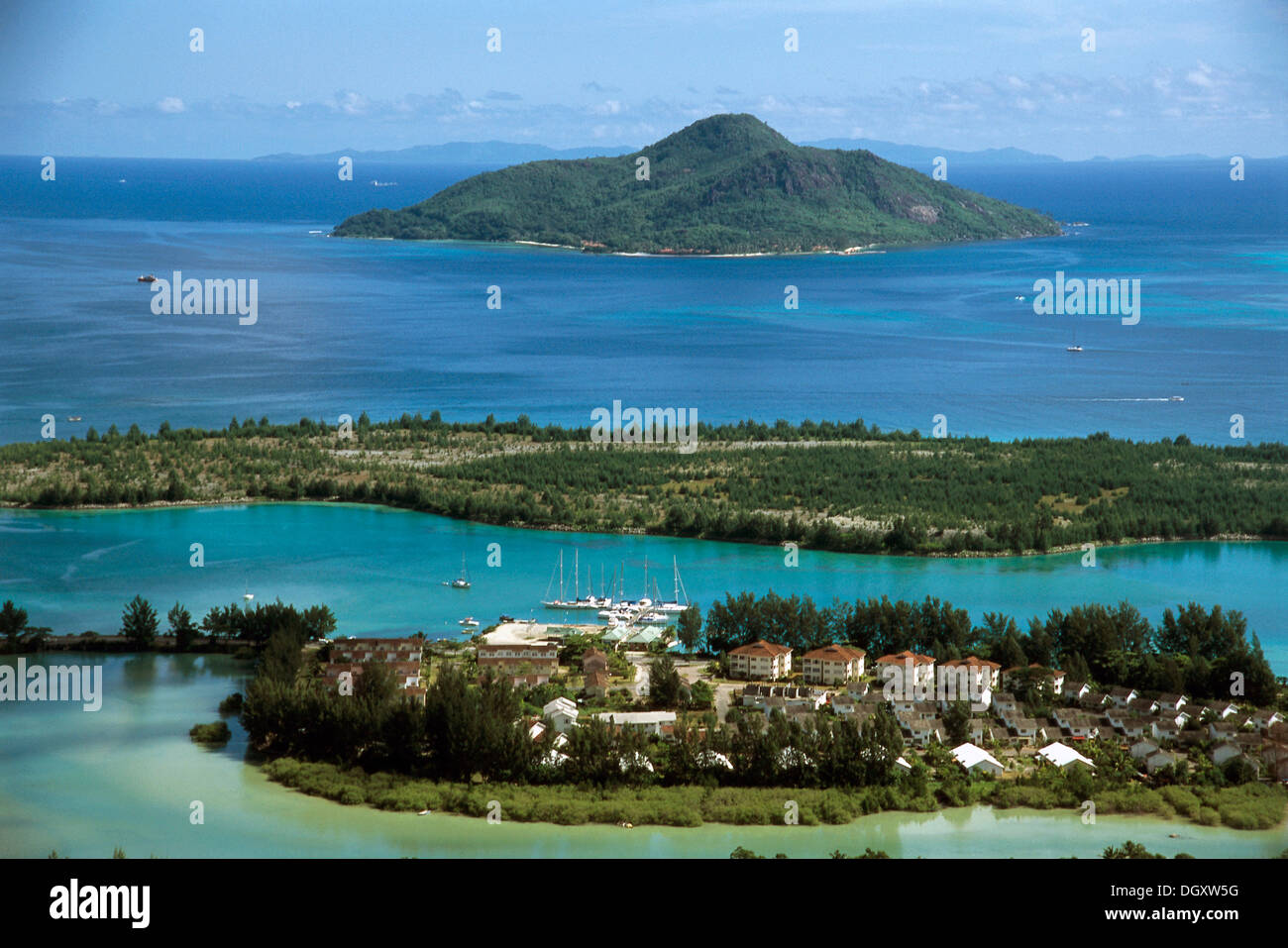 View from a hill on Mahe Island towards an island off the coast, Mahe, Seychelles Stock Photo