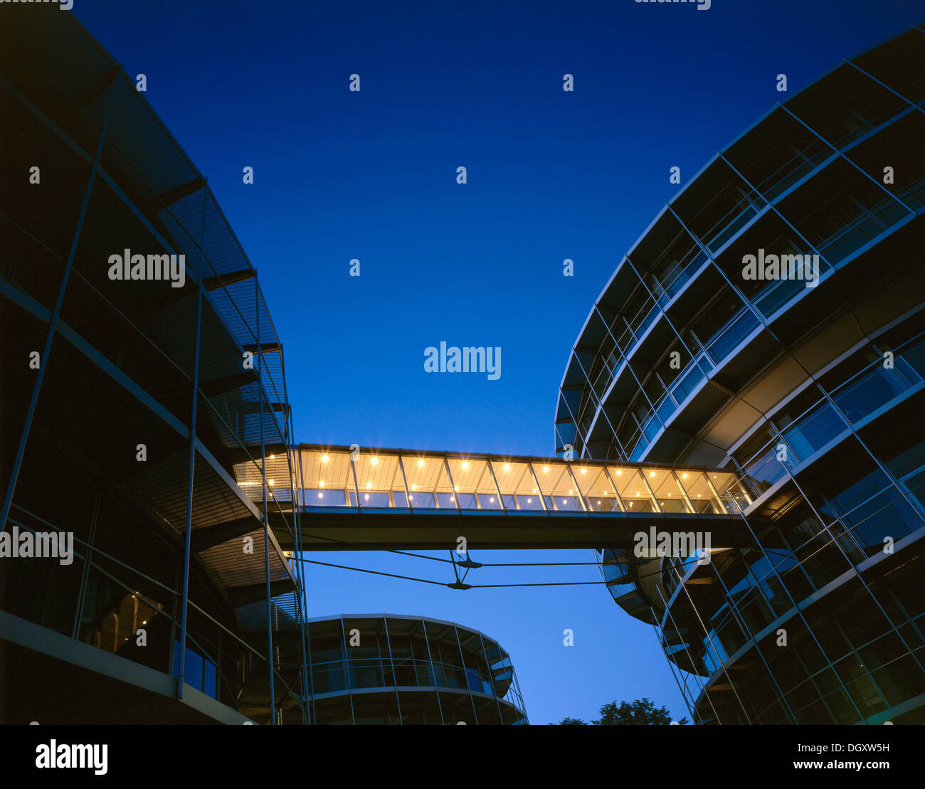 Connecting passage between two office buildings, evening, Schwabing, Munich, Upper Bavaria, Bavaria, Germany Stock Photo