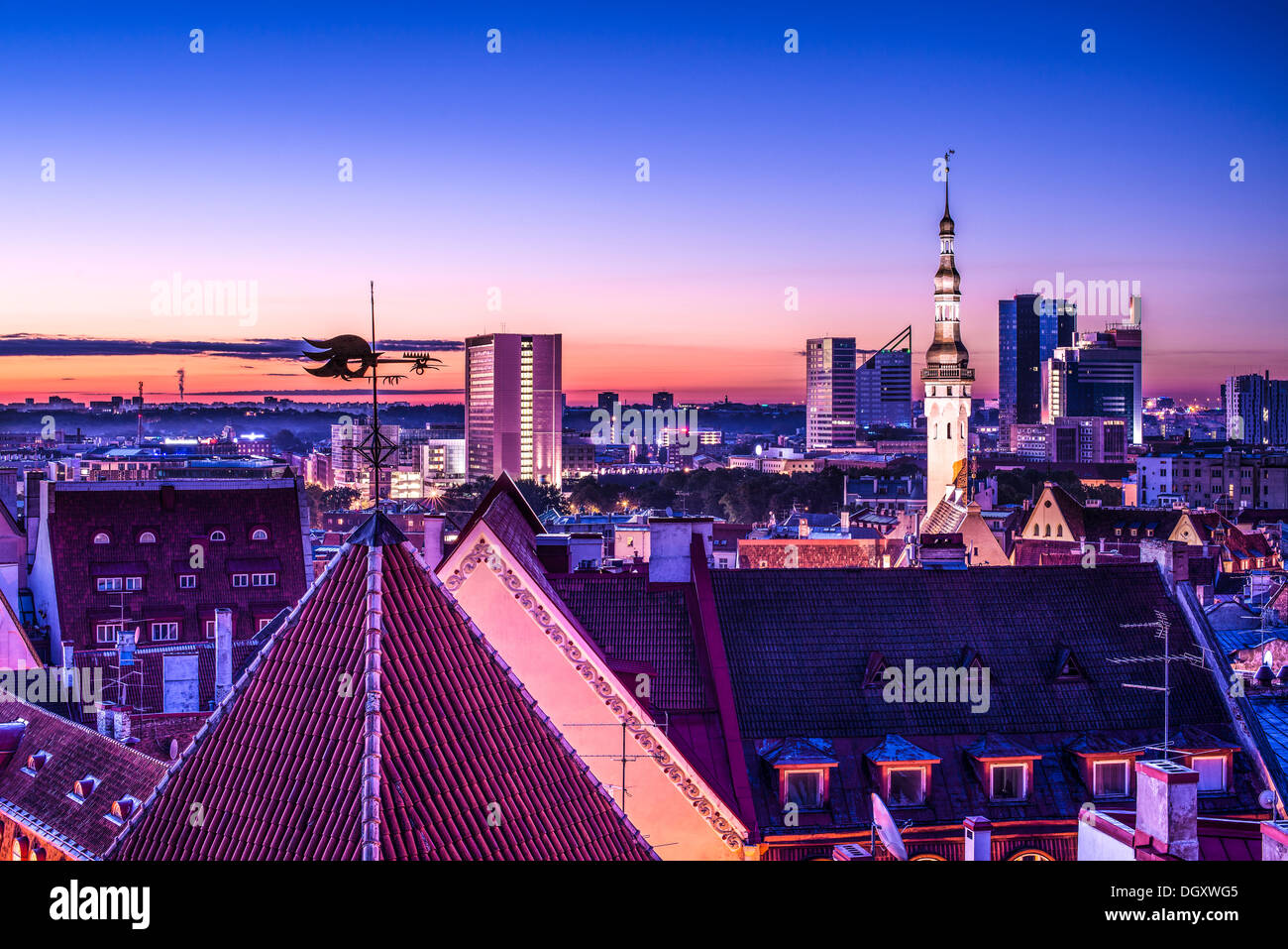 Skyline of Tallinn, Estonia after sunset. Stock Photo