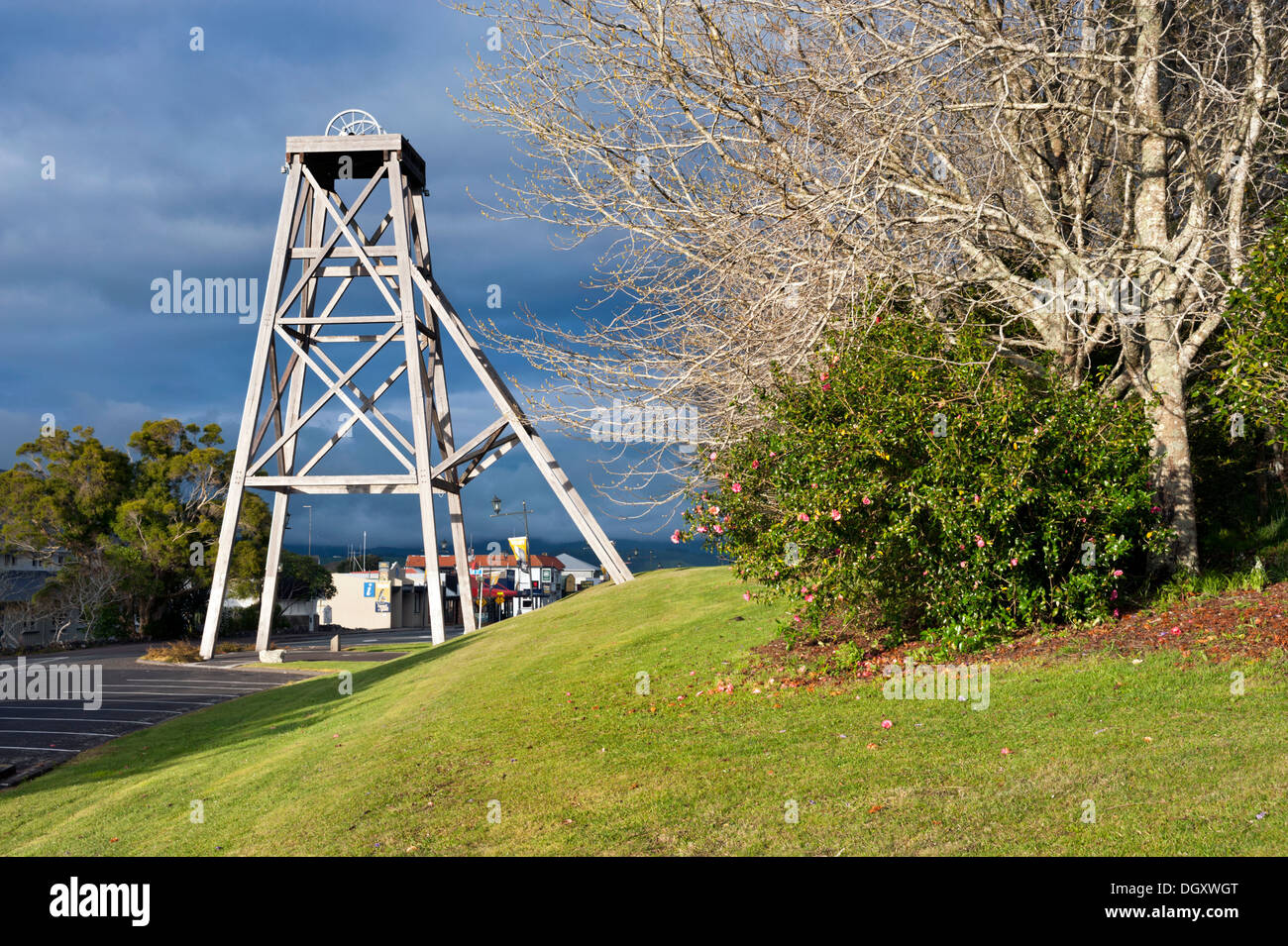 Waihi, New Zealand. Heritage pit head winding wheel at the Martha Mine in the gold mining town. Stock Photo