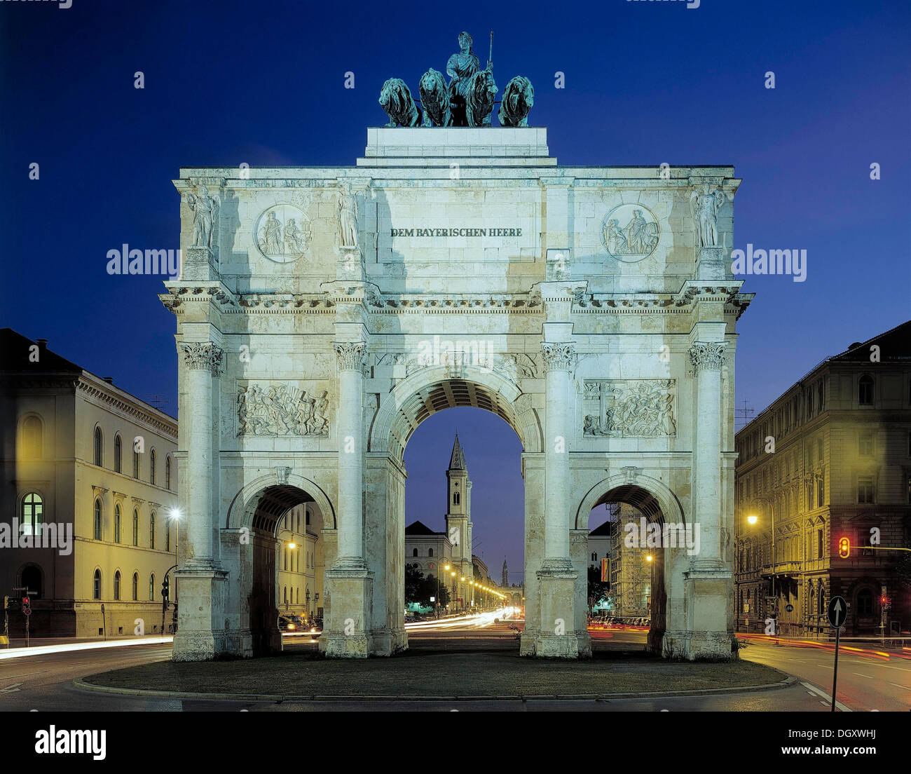 Siegestor, Victory Gate, at dusk, Munich, Upper Bavaria, Bavaria, Germany Stock Photo