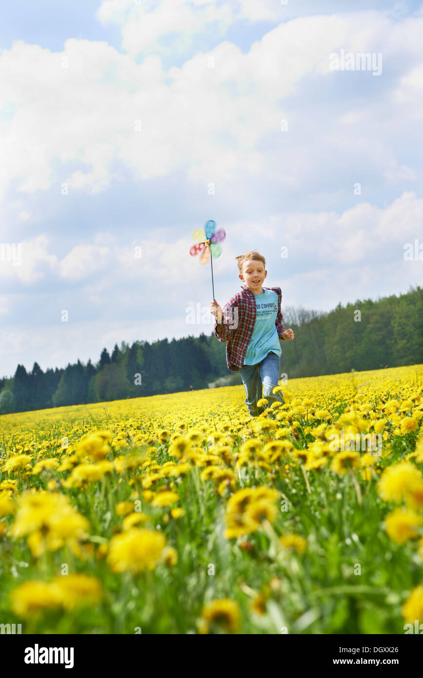 Boy running with colorful pinwheel on dandelion meadow, Starnberg, Upper Bavaria, Bavaria, Germany Stock Photo