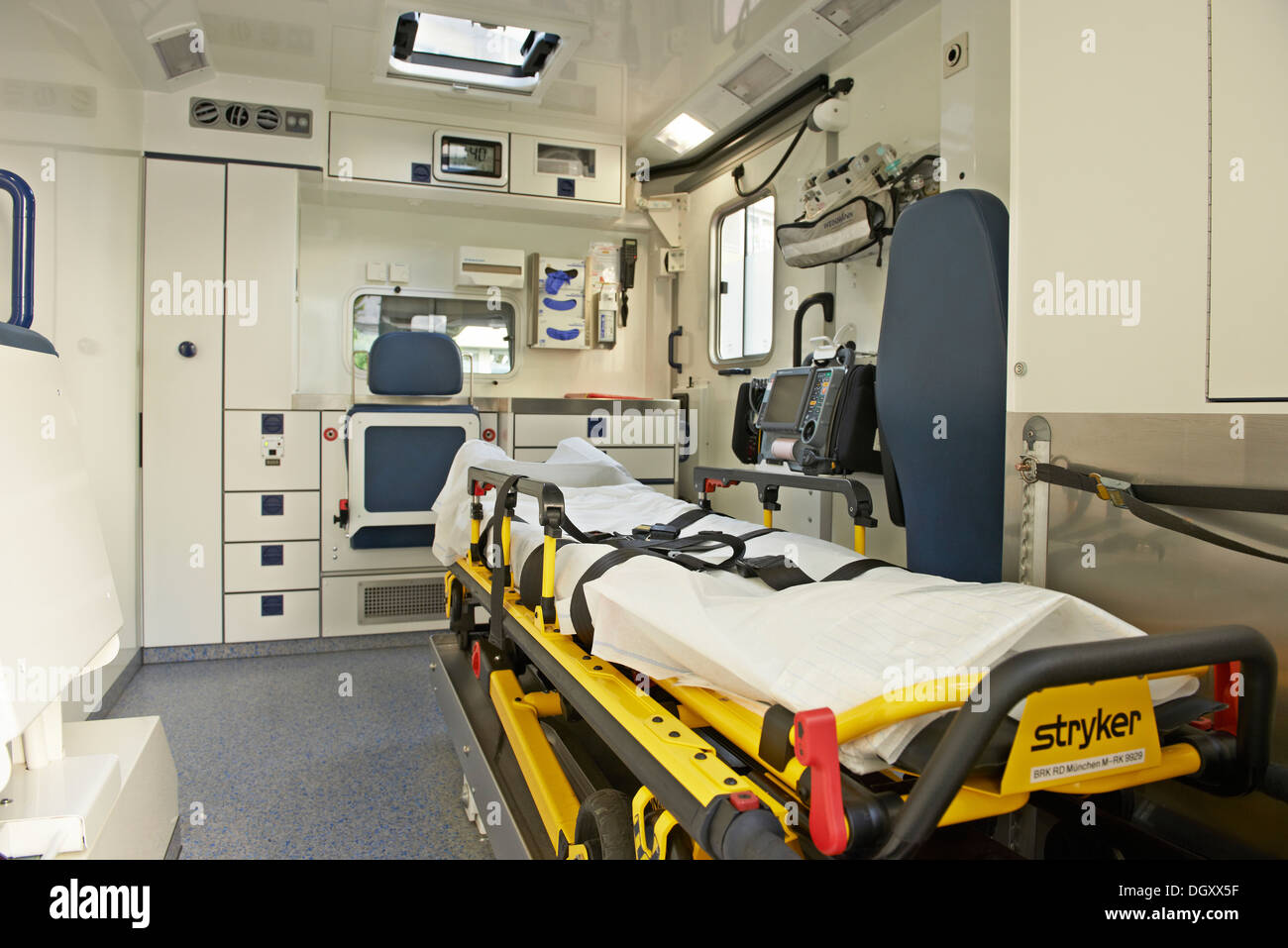 Interior of an ambulance, stretcher and technical treatment Stock Photo