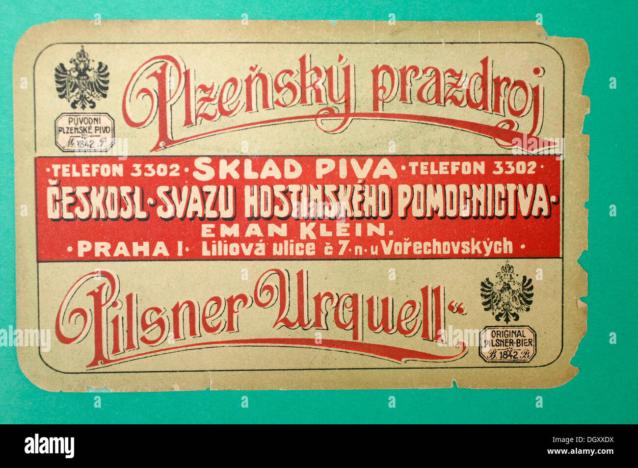 Old label of the Pilsner Brewery for the beer Pilsner Urquell, Pilsen, Plzen, Bohemia, Czech Republic, Europe. Stock Photo