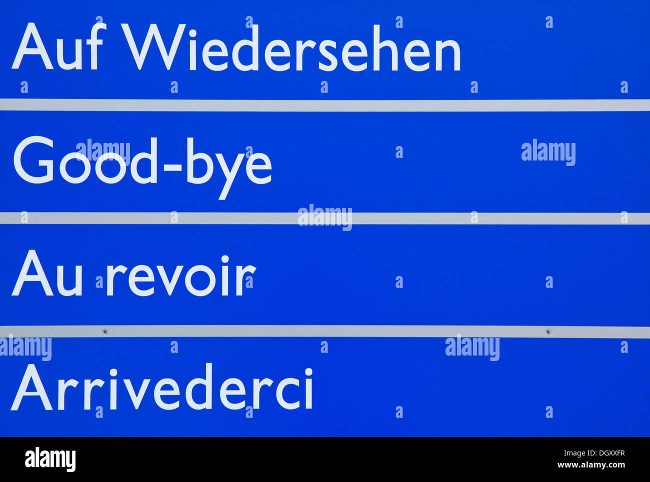 Multilingual sign, lettering "Auf Wiedersehen, Goodbye, Au revoir