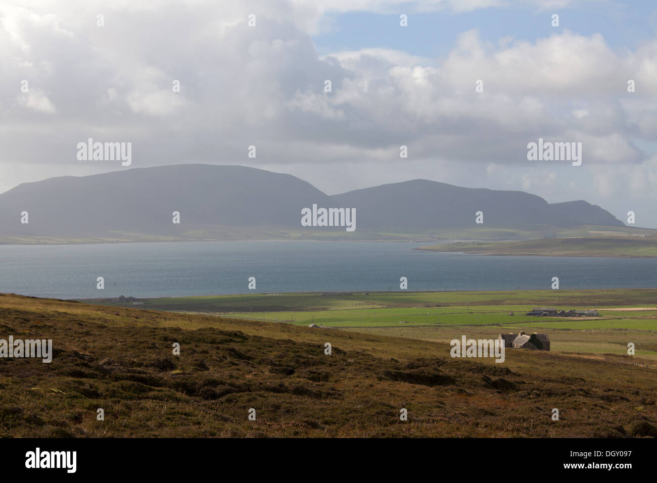 Islands of Orkney, Scotland. Picturesque elevated looking over Orkney’s Mainland towards the islands of Graemsay and Hoy. Stock Photo