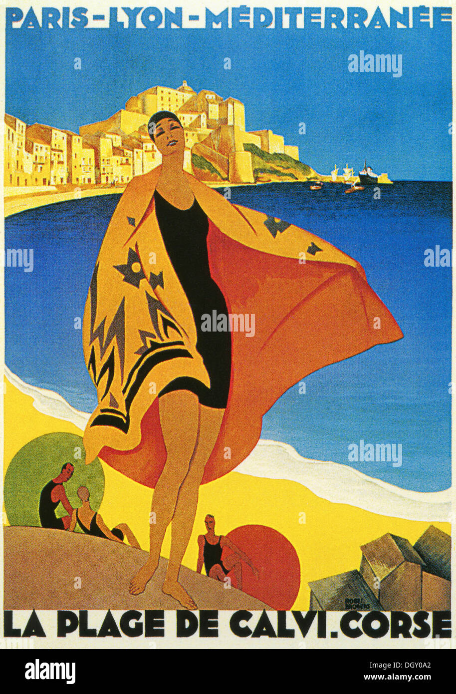 La Plage de Calvi, Corse ad for French railway, vintage travel poster, 1928 - Editorial use only. Stock Photo