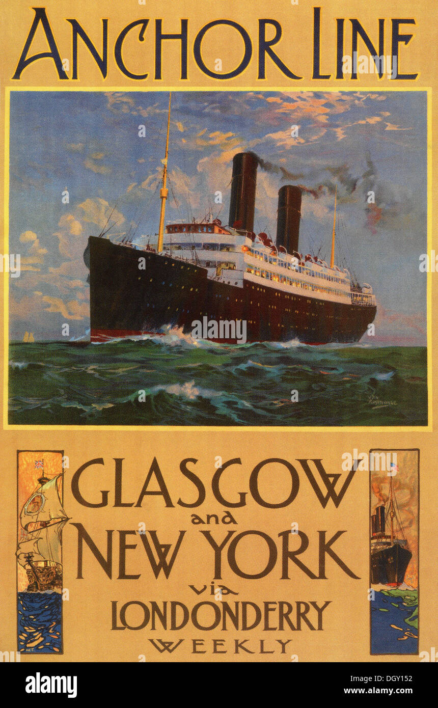 Anchor Line ad vintage travel poster, 1914 - Editorial use only