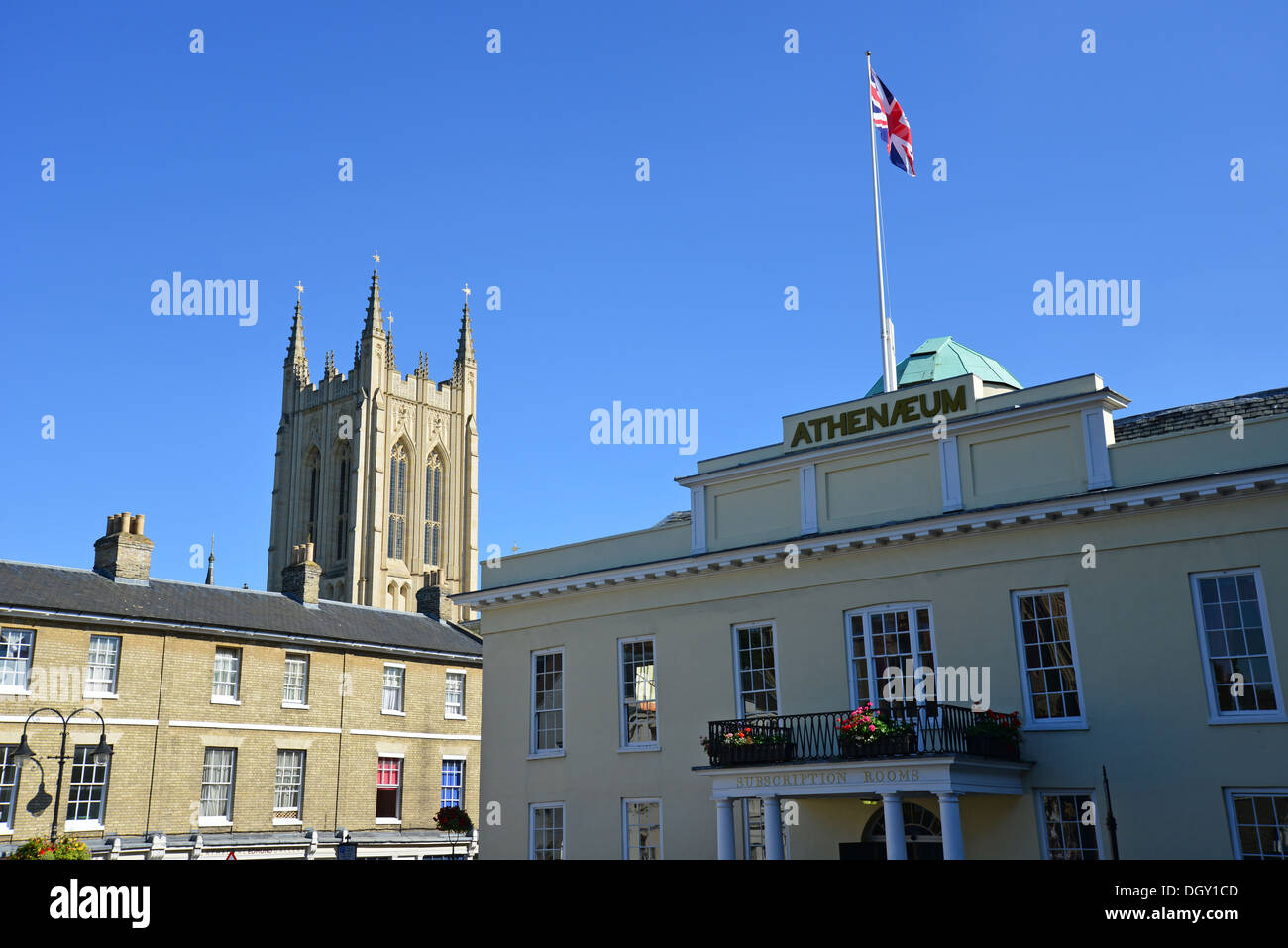 St Edmundsbury Cathedral and Athanaeum Subscription Rooms from Angel Hill, Bury St Edmunds, Suffolk, England, United Kingdom Stock Photo