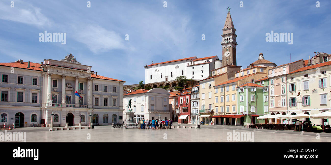 Tartini Square with the Town Hall and the Cathedral of St. George, Sv. Jurij, in Piran, Slovenia, Europe, Piran, Coastal–Karst Stock Photo